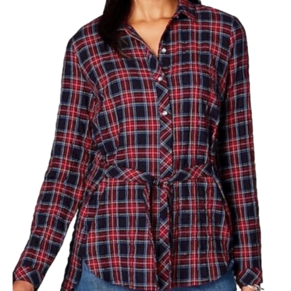 J Jill Size L Black Red Blue Plaid Tunic Length Waist Tie Button Down Shirt